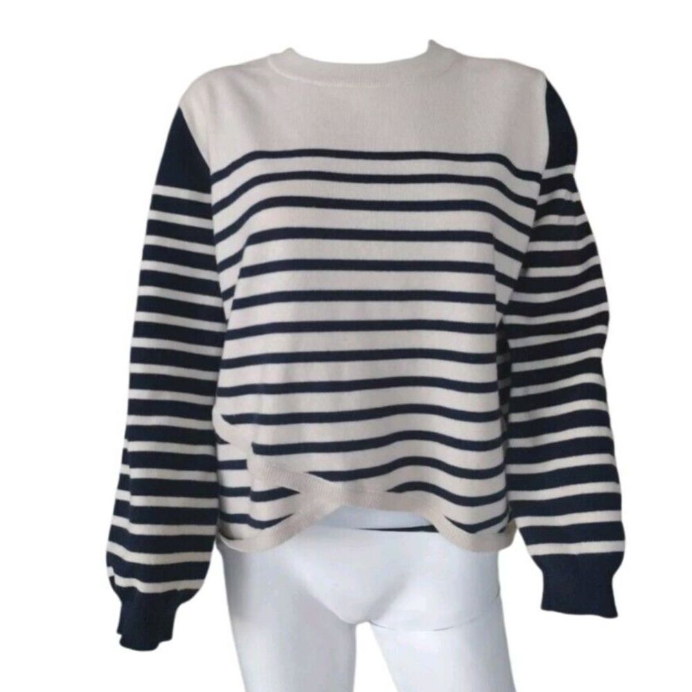 Grace Karin Sweater Top Woman XL Black Cream Crew Neck Stripe Nautical Crew Neck